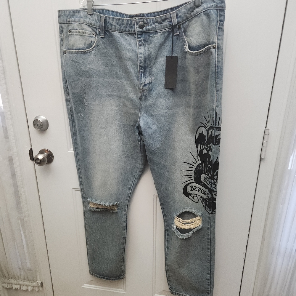 NWT ED HARDY Death Before Dishonor Men's Distressedβ Jeans 42x30